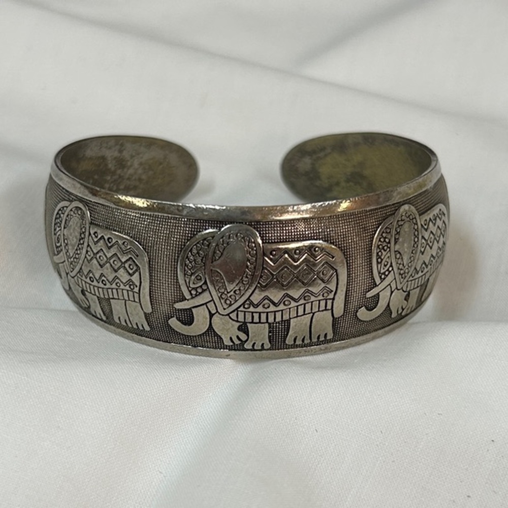 Elephant Engraved Silver Metal Cuff Bracelet